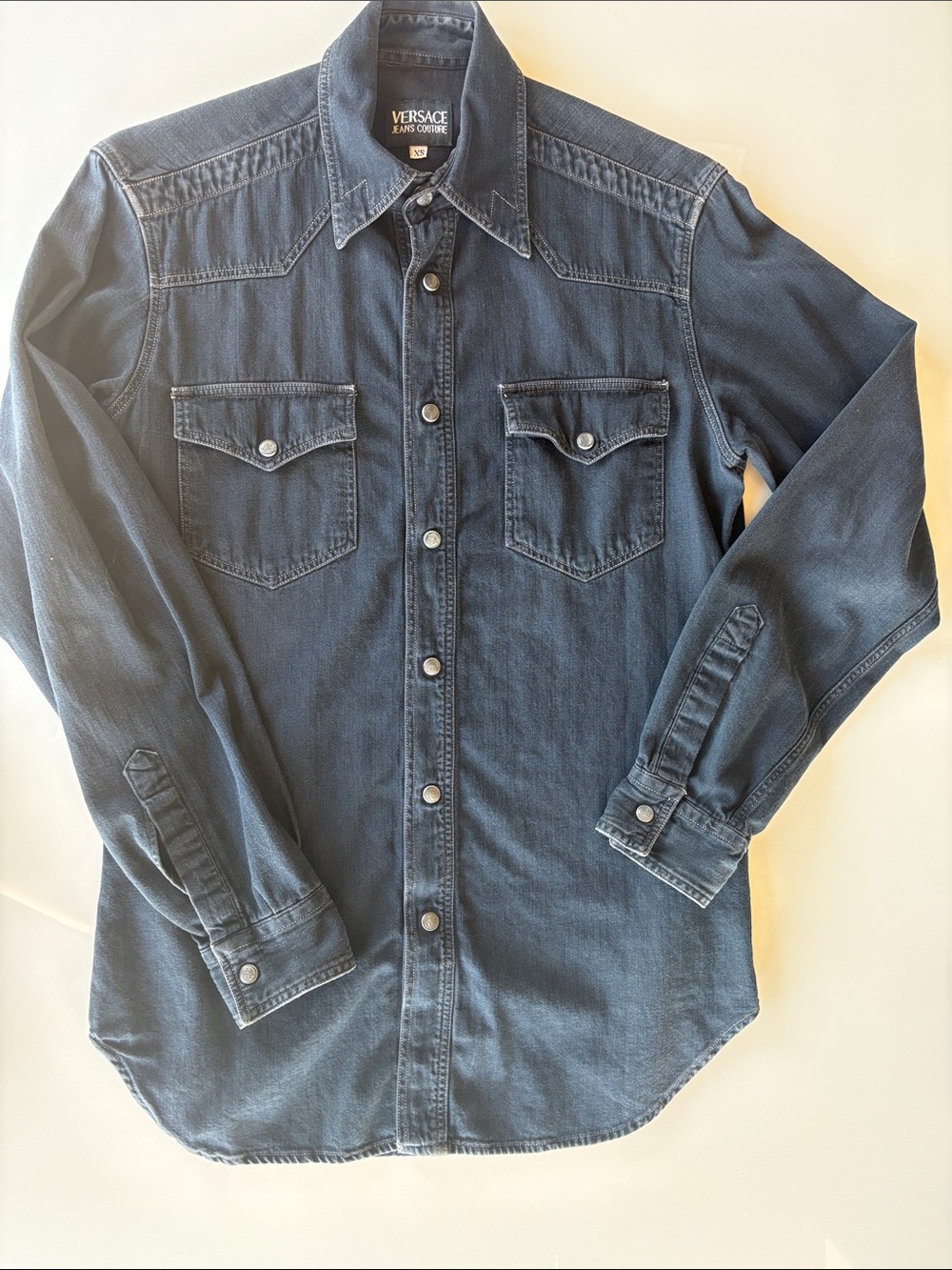 Vintage Versace Collection Men's Distressed Denim Button-Down Shirt - Dark Blue